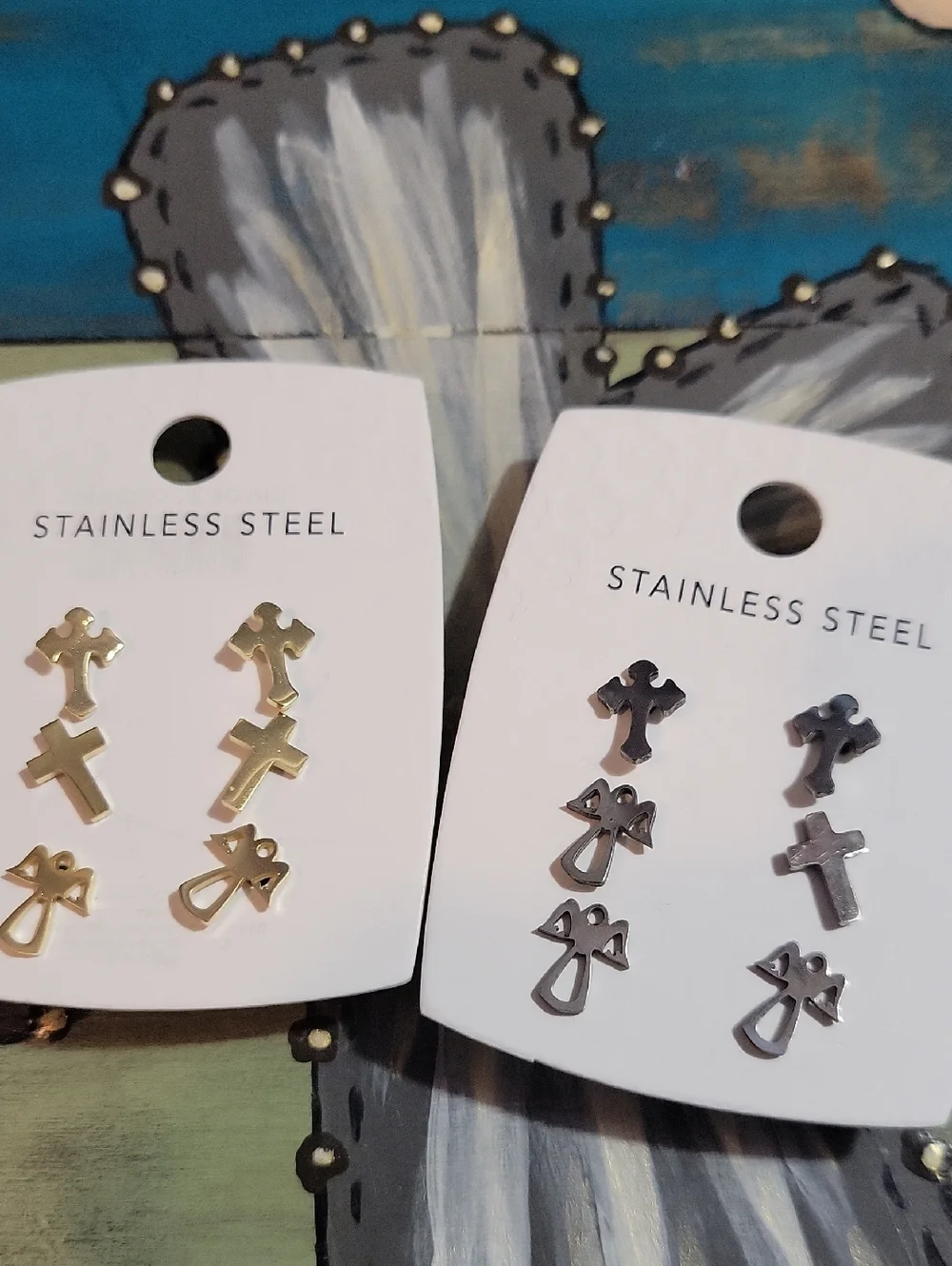 Stainless Steel Cross & Angel Stud Earring Set - Gold Or Silver - Picture 1 of 1